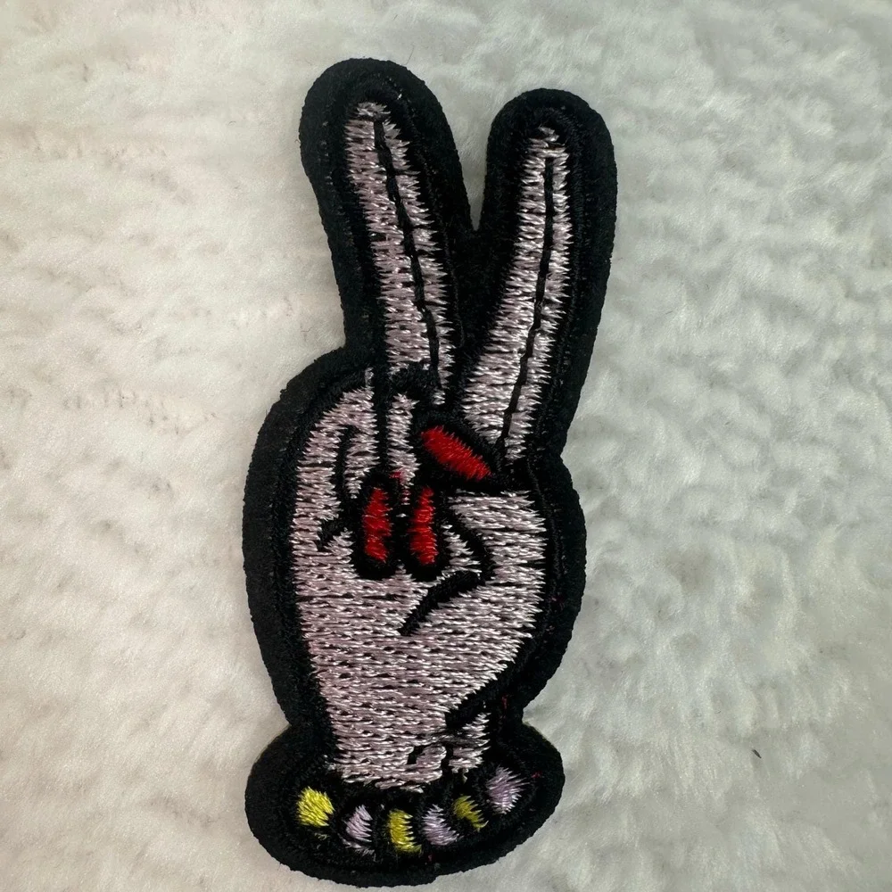 Peace Sign Hand Patch Unisex Small Silver Embroidered Iron On Applique